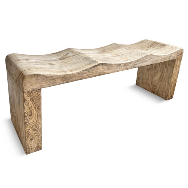 Coastal Modern Washed Teak Wave Bench For Sale - Image 4 of 8