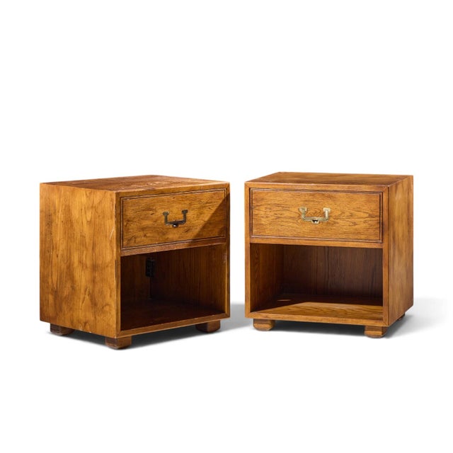 Henredon Campaign Mid Century Oak and Brass Nightstands - Pair Each nightstand measures: 22 wide x 18 deep x 22.75 inches...