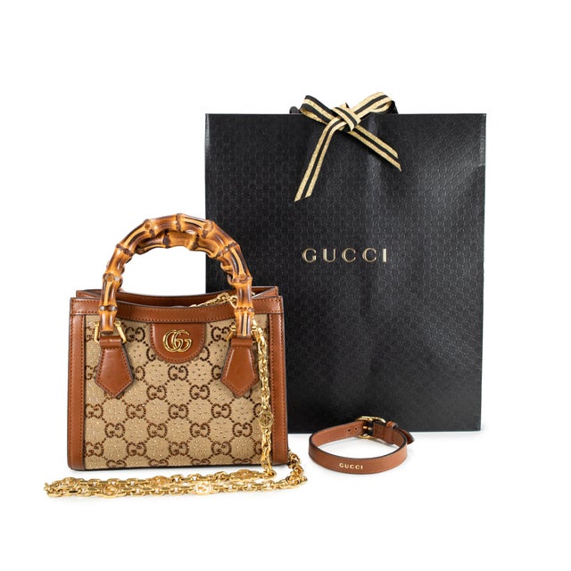 Gucci Diana Crystals Small Gg Canvas Camel Leather Bamboo Handle Tote Bag For Sale - Image 9 of 10