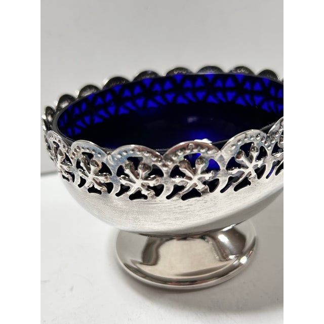 Antique Silver Plate Pierced Pedestal Bowl With Cobalt Blue Glass Liner For Sale - Image 4 of 7