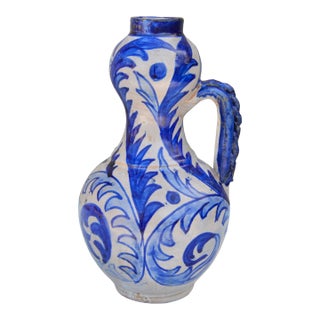 Mid 20th Century Handcrafted Blue Andalusian-Patterned Ceramic Vase W/ Handle For Sale