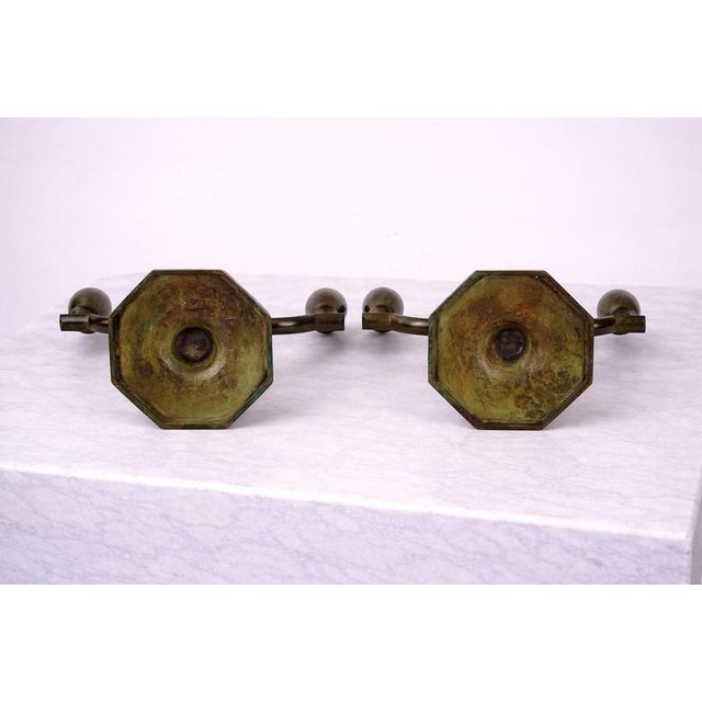 Metal Swedish Art Deco Bronze Three-Arm Candleholders by Jacob Ängman for Gab, 1930s, Set of 2 For Sale - Image 7 of 8