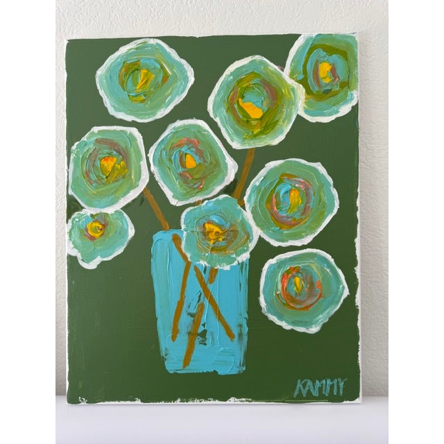 Modern Abstract Floral Acrylic Painting – Teal Flowers on Green Canvas For Sale In Atlanta - Image 6 of 8