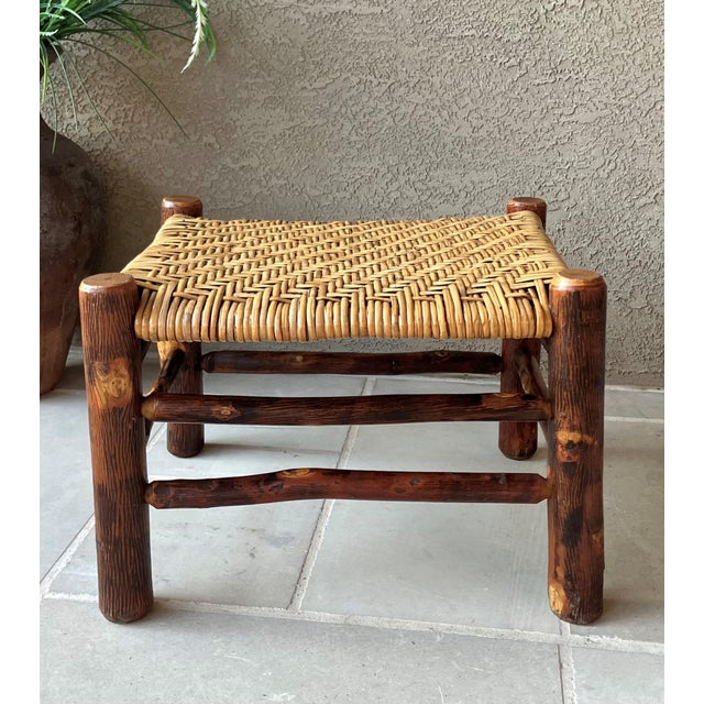 Excellent Pre-Owned Condition. Fabulous rustic chic hickory tree limb bench frame with an eye-catching handwoven double...