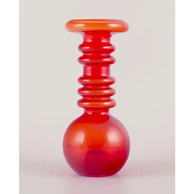 Tamara Aladin for Riihimäen Lasi, Finnish glass artist. ‘Carmen’ vase in orange glass. 1960s. Perfect condition....