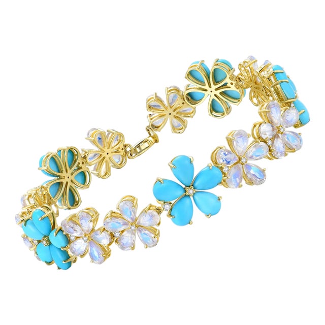 Nina Zhou Turquoise Moonstone Diamond Cherry Blossom Bracelet in 14k Yellow Gold For Sale