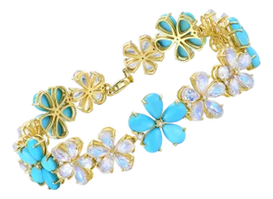 Nina Zhou Turquoise Moonstone Diamond Cherry Blossom Bracelet in 14k Yellow Gold