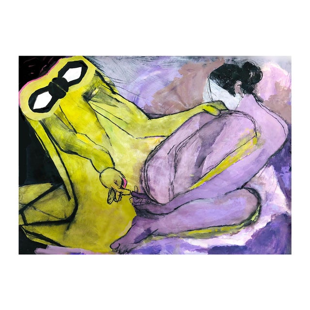 "Relationship of Lime and Lavender Couple" Large Expressionist Figurative Contemporary Painting on Paper For Sale