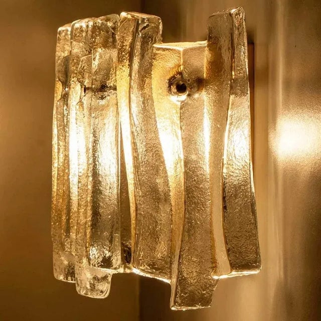 Textured Ice Glass and Brass Wall Light attributed to Kalmar, 1970s For Sale - Image 8 of 13