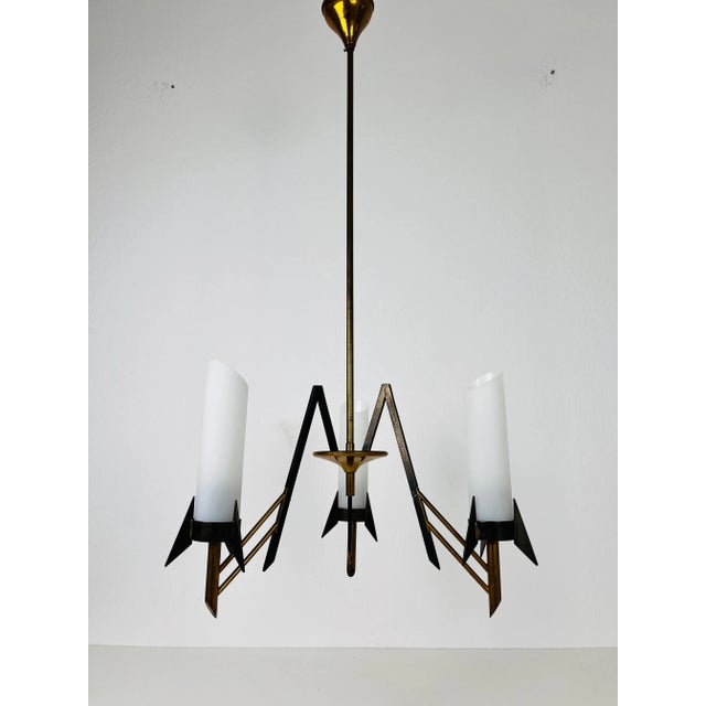 1960s Italian Mid-Century Brass and Opaline Glass 3-Arm Chandelier, 1960s For Sale - Image 5 of 11