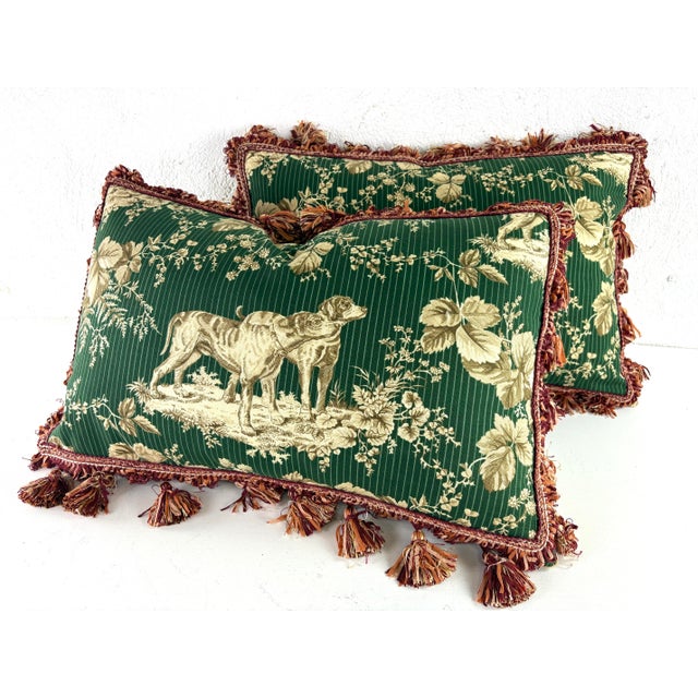 Kelly Green Handsome Schumacher Tasseled Hunting Dog Toile Pillows / Pair For Sale - Image 8 of 8