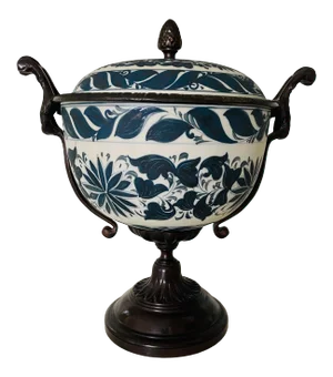 Vintage Neoclassic 14” Bronze and Bisque Porcelain Lidded Urn by Maitland Smith