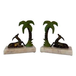 Art Deco French Bookends with Gazelles and Palm Trees, 1930s, Set of 2 For Sale