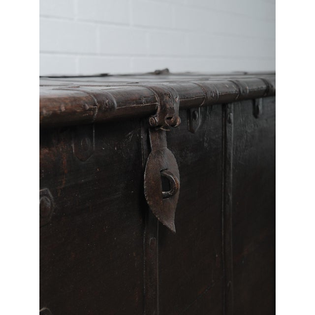 Vintage Indian Iron-Bound Wooden Chest on Turned Feet For Sale - Image 4 of 8