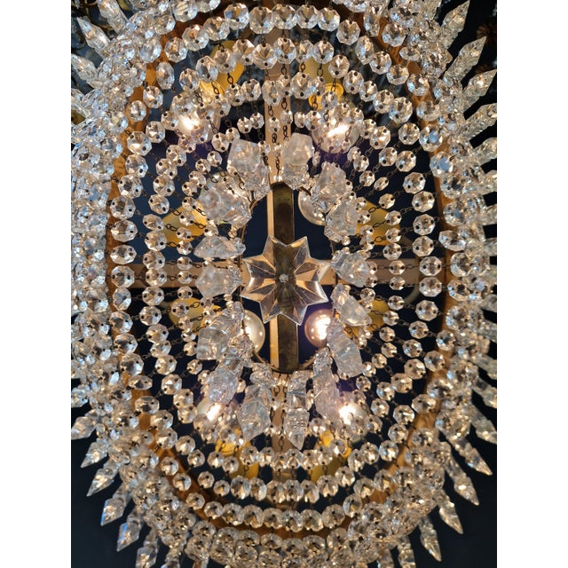 Metal Antique Oval Flush Mount Chandelier Brass Crystal Ceiling Light Restored Gold For Sale - Image 7 of 10