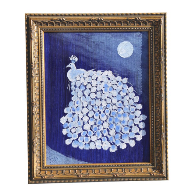 Peacock Bird Landscape Impressionism Realism Chinoiserie Blue White Original Oil Painting by Cleo Plowden For Sale