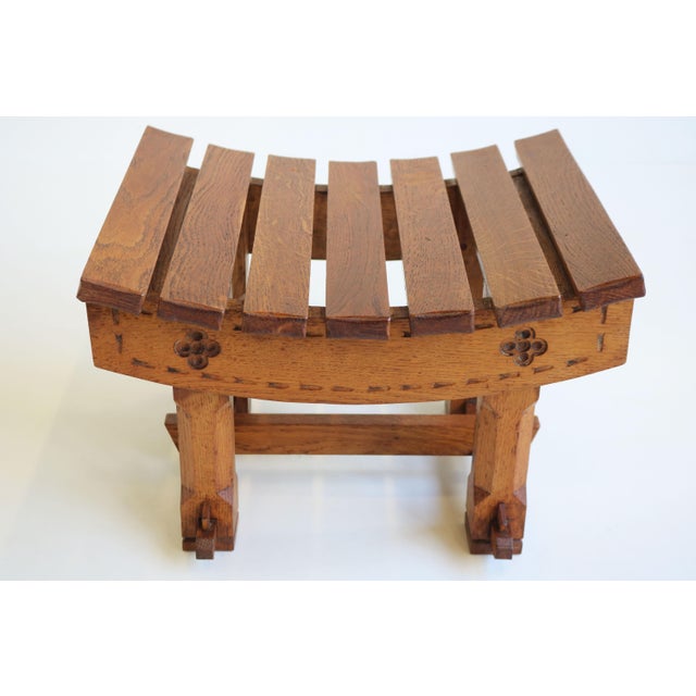 Antique Dutch Arts & Crafts Stool in Carved Oak, 1900 For Sale - Image 6 of 9
