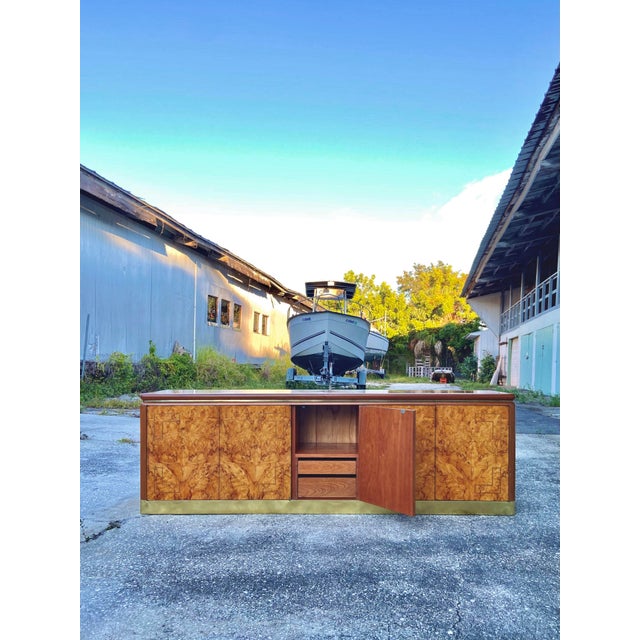 Tan Credenza or Sideboard in Maple Root Burl + Brass Inlay | Late 20th Century in the Style of Stanley Jay Friedman for Brueton For Sale - Image 8 of 12