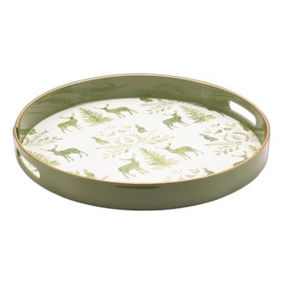 Round Deer and Pine Tree Print Tray 13.5"H For Sale