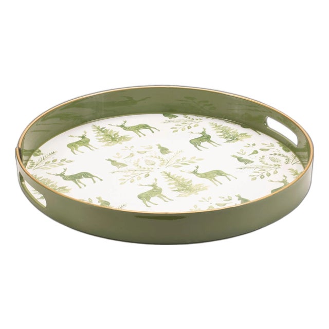 Round Deer and Pine Tree Print Tray 13.5"H For Sale