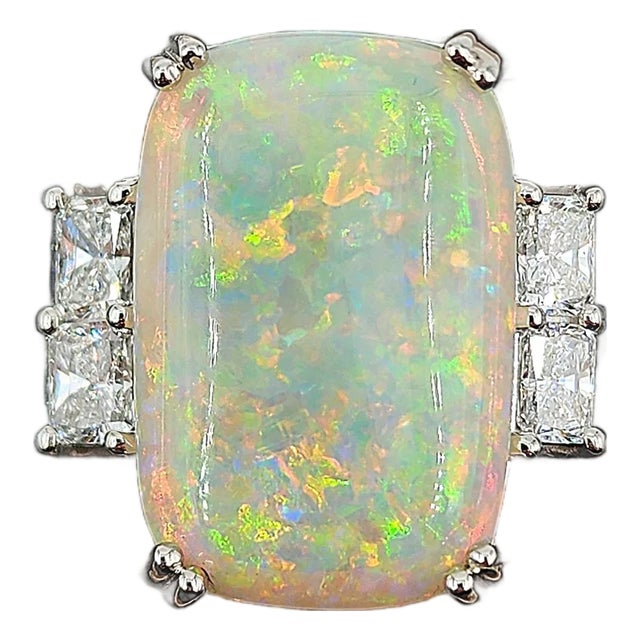 7.79 Ct Platinum Natural Australian Opal & Diamond Ring Size 7 For Sale