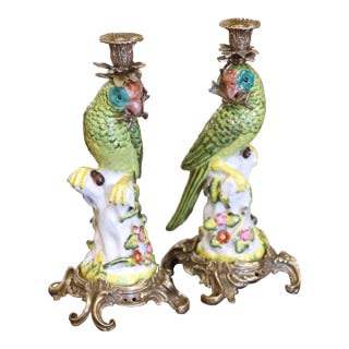 Mid-Century Chinese Export Porcelain Parrot Candlesticks on Gilt Bronze Bases For Sale
