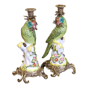 Mid-Century Chinese Export Porcelain Parrot Candlesticks on Gilt Bronze Bases