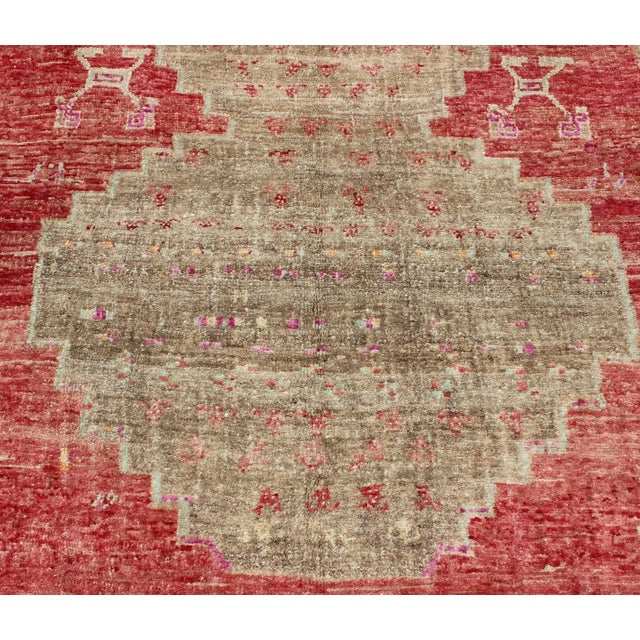 Textile Vibrant Hand Knotted Turkish Vintage Runner in Faded Red, Coral, Orange, Pink and Green For Sale - Image 7 of 13