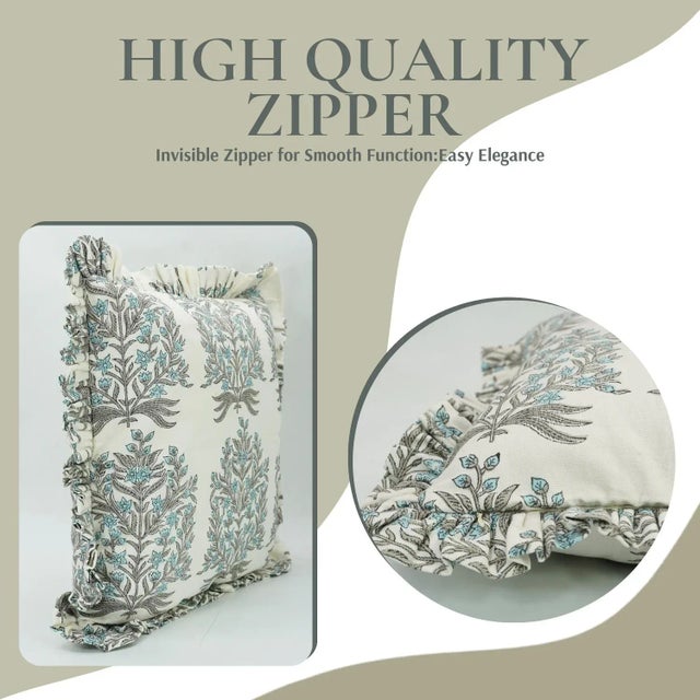 Art Deco Fabdivine Cotton Frill Cushion Cover With Block Print Blue 18x18 Inch Vrindavan For Sale - Image 3 of 5