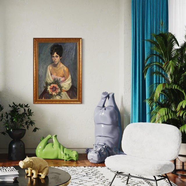 Elegant Italian portrait from 20th century. Mixed media framework on cardboard depicting a lady with a bouquet of flowers....