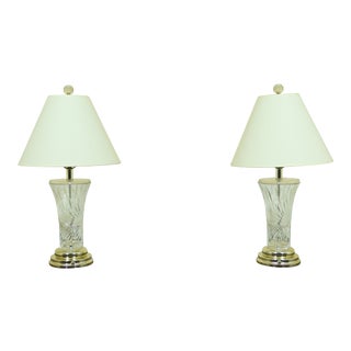 Pair Cut Crystal Modern Table Lamps W. Shades For Sale