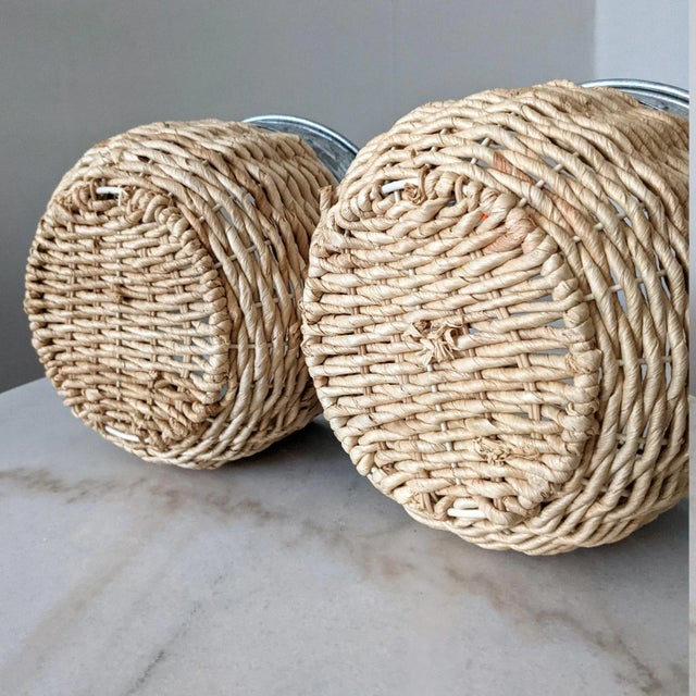 Wicker & Tin Hanging Pail Planters - a Pair For Sale In Chicago - Image 6 of 8