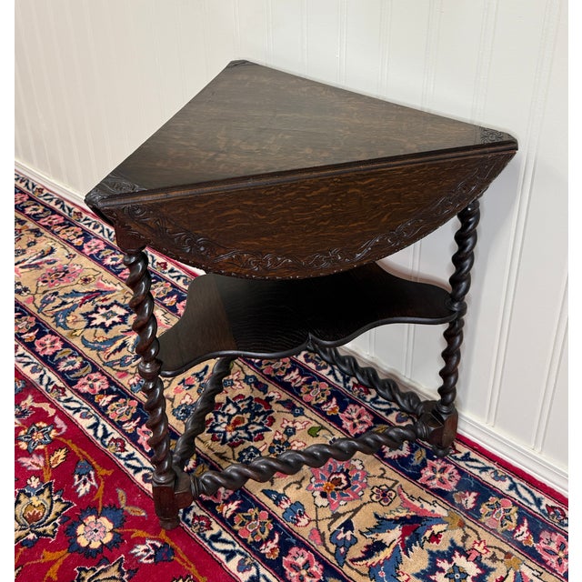 English Antique English Envelope Barley Twist Drop Leaf Side Table Carved Oak C. 1900 For Sale - Image 3 of 16