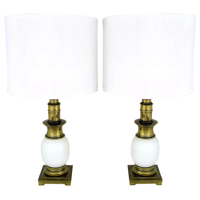 Pair of Ostrich Egg and Vintage Brass Table Lamps Attributed to Stiffel For Sale