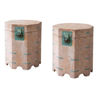 Chinese Octagonal White Washed Side Tables W/ Verdigris Hardware - Pair For Sale