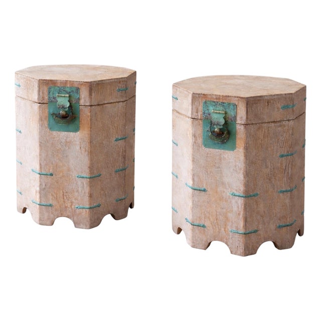Chinese Octagonal White Washed Side Tables W/ Verdigris Hardware - Pair For Sale