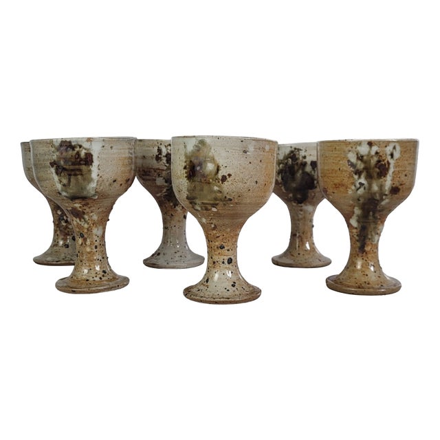 Stoneware Stemmed Cups from by Vézelay Pottery Albert Breton , 1970s, Set of 6 For Sale