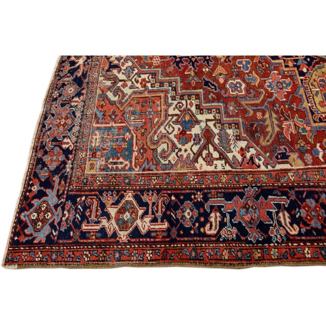 Antique Persian Heriz Handmade Wool Rug With Multicolor Medallion Design For Sale - Image 4 of 10