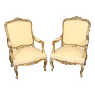 19th C Pair French Louis XV Yellow Carved Giltwood Armchairs For Sale