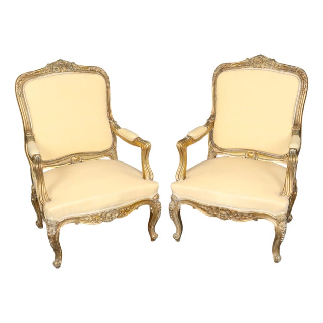19th C Pair French Louis XV Yellow Carved Giltwood Armchairs For Sale