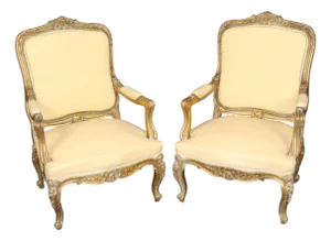 19th C Pair French Louis XV Yellow Carved Giltwood Armchairs