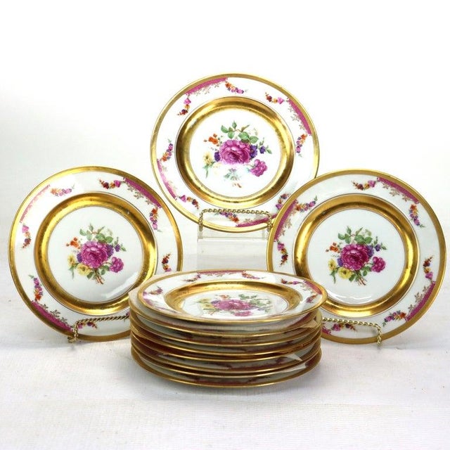 Eleven Austrian Rosenthal “Kings Rose” Gilt & Floral Painted Porcelain Plates with GArden Peonies, Signed, C1920 Measures...