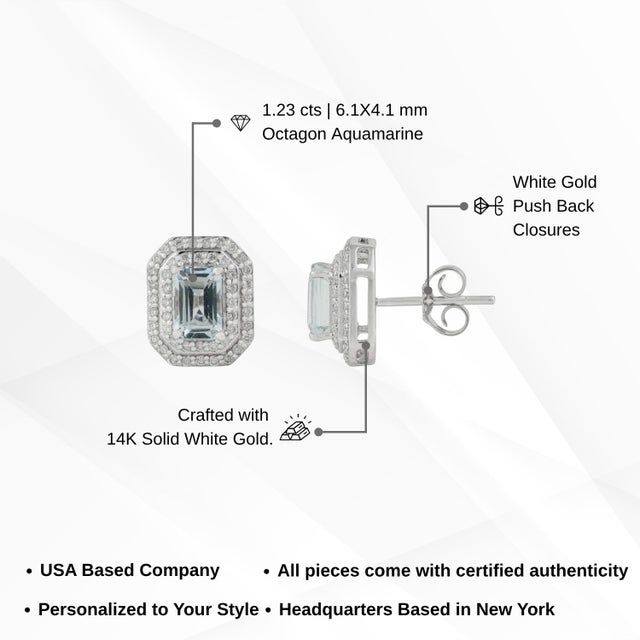 1.23ct Modern Aquamarine & Diamond Double Halo Stud Earrings 14k Gold- 2 Pieces For Sale - Image 14 of 17