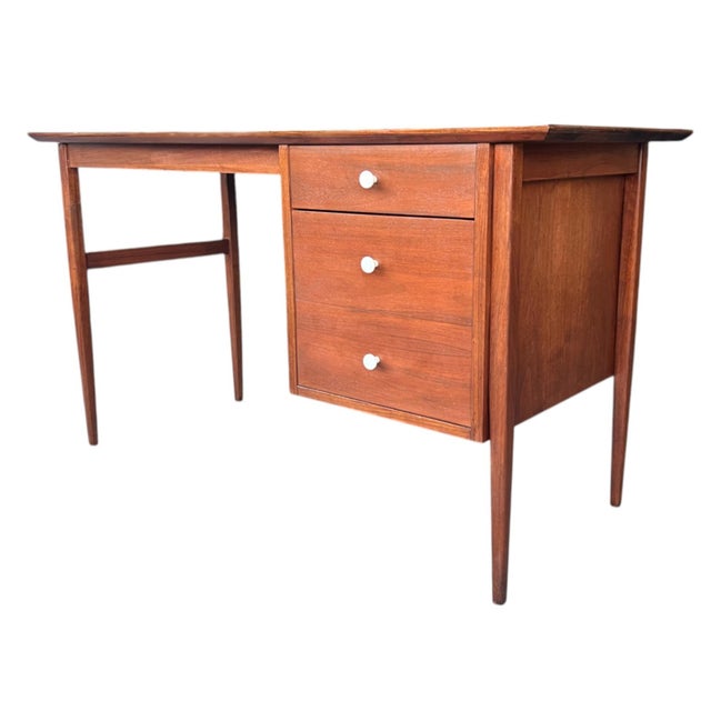 Wood Mid-Century Modern Walnut Desk With White Laminate Top – Restored Vintage Writing Table For Sale - Image 7 of 12