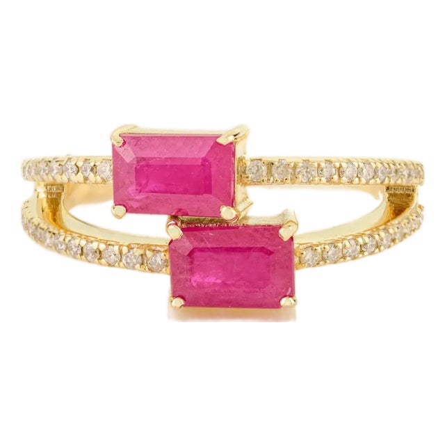 14k Yellow Gold Prong Set Ruby Diamond Split Bypass Ring Size 5 For Sale