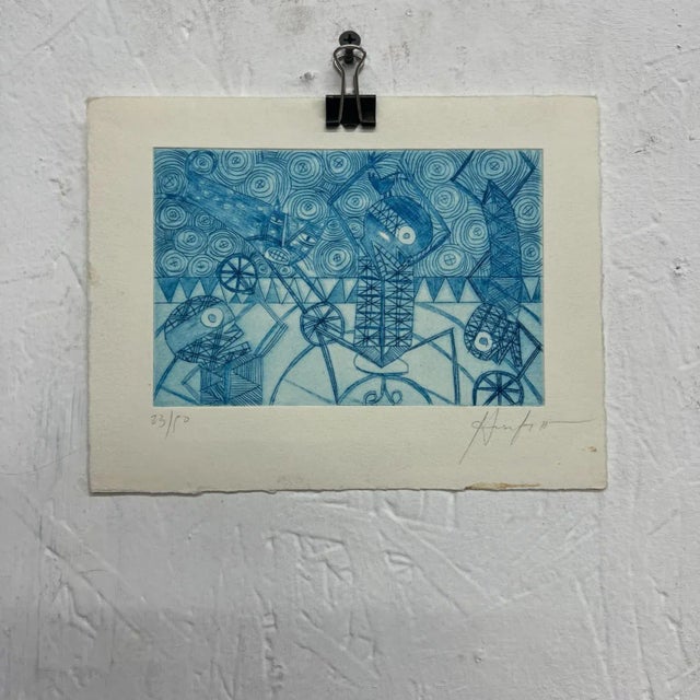 Blue Mexican Modern Art Woodblock Print 23/50 Oaxaca Mexico For Sale - Image 8 of 8