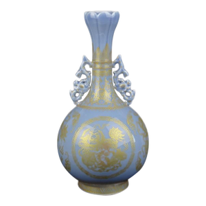 1900s Chinese Porcelain Qing Dynasty Qianlong Marked Celadon Ground Gold Decoration Vase Hand Painted Foo Dog Pattern