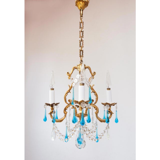 Metal Antique French Chandelier in Bronze Drops Murano Blue, 1950 For Sale - Image 7 of 12