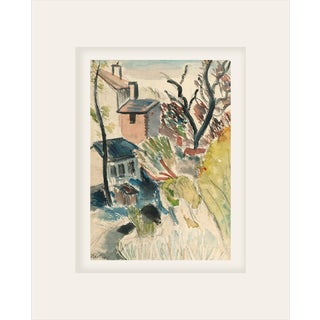 Vintage European Mid 1900's Expressionistic Village Scene in Watercolor on Paper With Mat, Signed by French Artist Martine For Sale