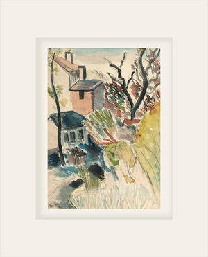 Vintage European Mid 1900's Expressionistic Village Scene in Watercolor on Paper With Mat, Signed by French Artist Martine